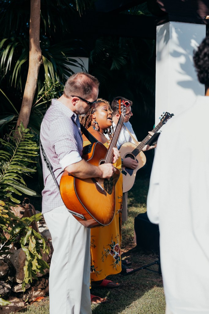 live band playing processional music at destination wedding 